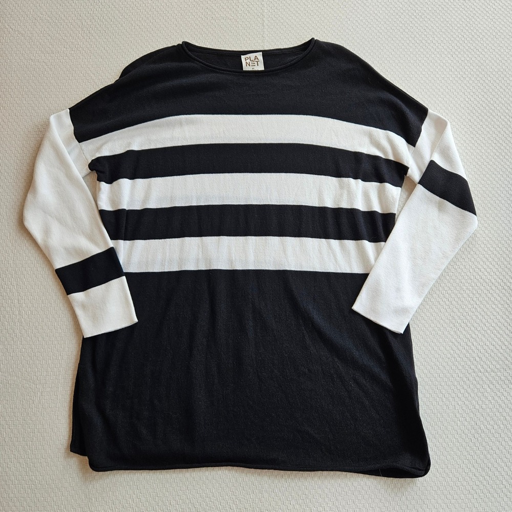 Planet by Lauren G Striped Pima Cotton Modal Tunic Sweater Black White OS Luxury